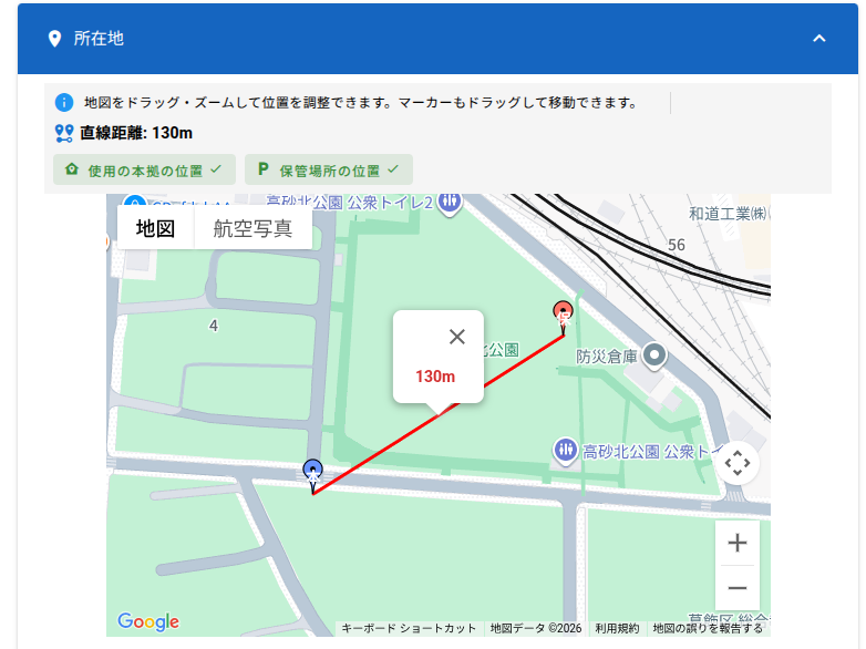 住所から自動表示される所在地地図