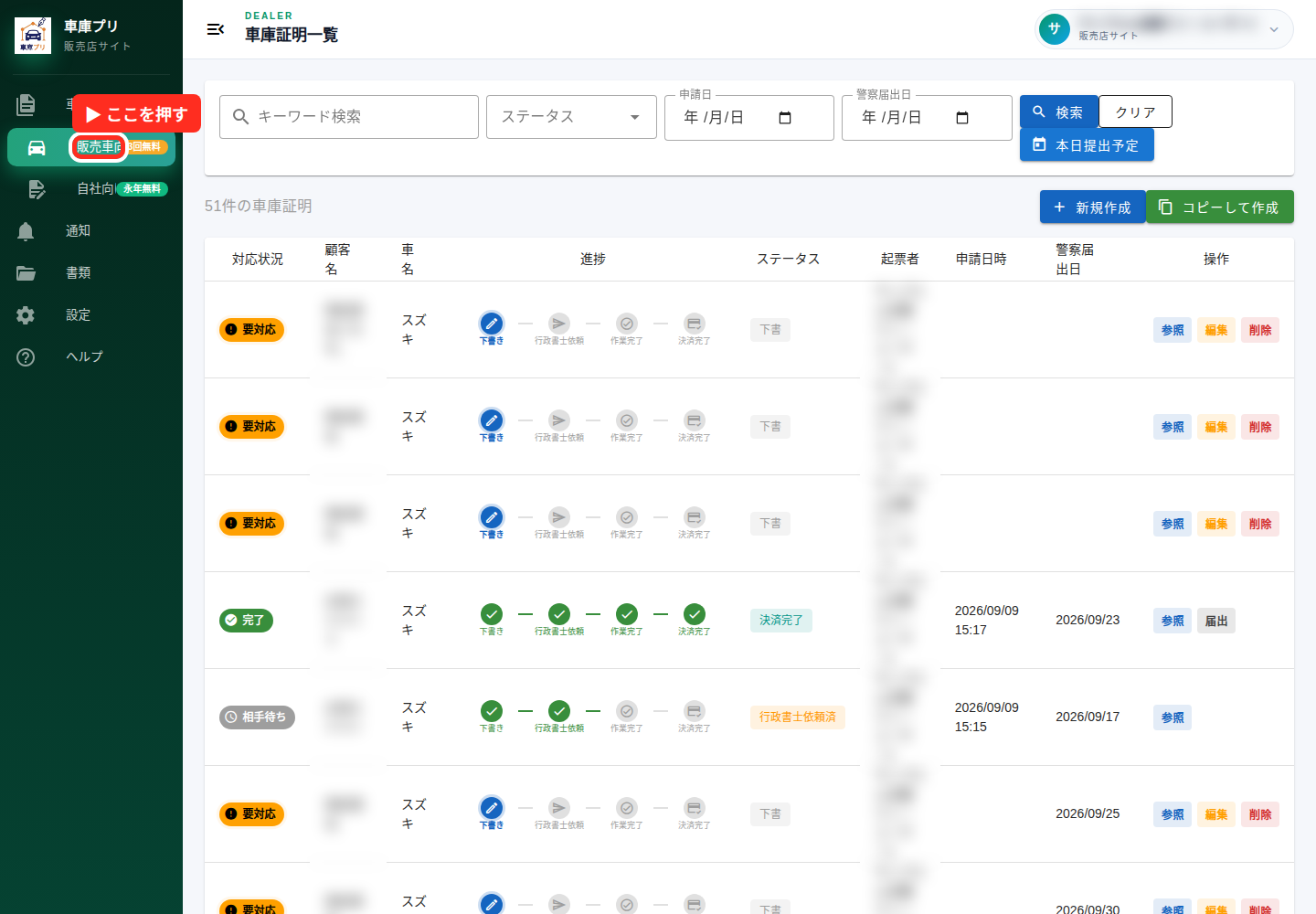 販売車向けメニューを赤枠で表示