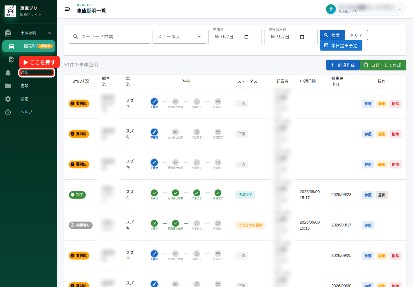 通知メニューを赤枠で表示。個人名はマスク済み